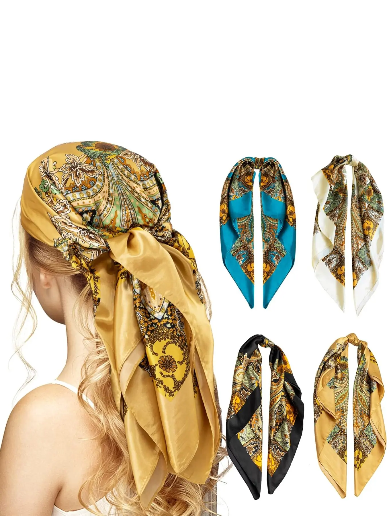 4 Piece Square Headscarf Set for Women, 35 Inch Long Faux Silk Scarves for Outdoor Use, Stylish Boho Paisley Pattern, Paisley Print Scarf