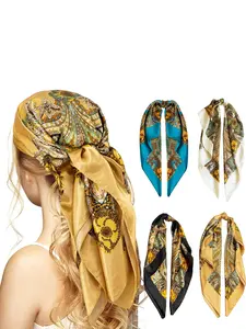 4 Piece Square Headscarf Set for Women, 35 Inch Long Faux Silk Scarves for Outdoor Use, Stylish Boho Paisley Pattern, Paisley Print Scarf