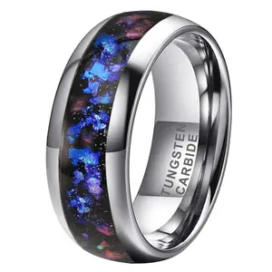 Yonifu 8mm Tungsten Carbide Ring for Men Blue Galaxy Opal Inlay Comfort Fit Durable Band - Wedding Ring Gift for Him