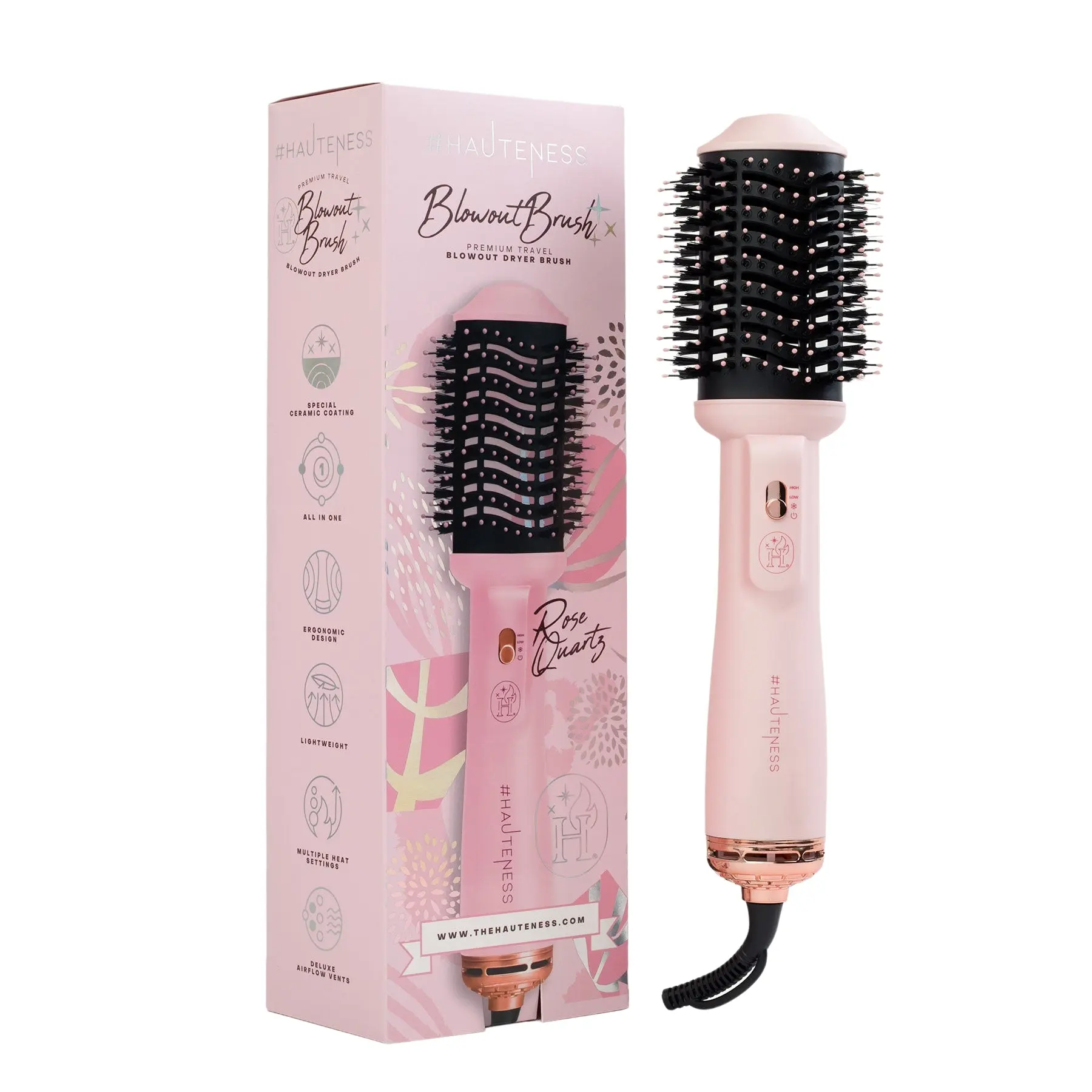 Hauteness Blowout Brush 4-in-1 Hot Air Hair Dryer |  Volumizing Hot Air Brush with Tourmaline Ceramic Bristles - Blow Dryer - Frizz-Free - Hair Dryer, Straightener, Curler & Styler in One |  125V 1000W, 1.8M Cord