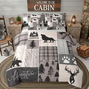 Rustic Wolf Bear 7-Piece Bedding Set,Country Cabin Boys Bed in A Bag Bear Deer Patchwork Comforter Set with Sheets for Kids Teens Men Woodland Animal Farmhouse Bed Set,Brown