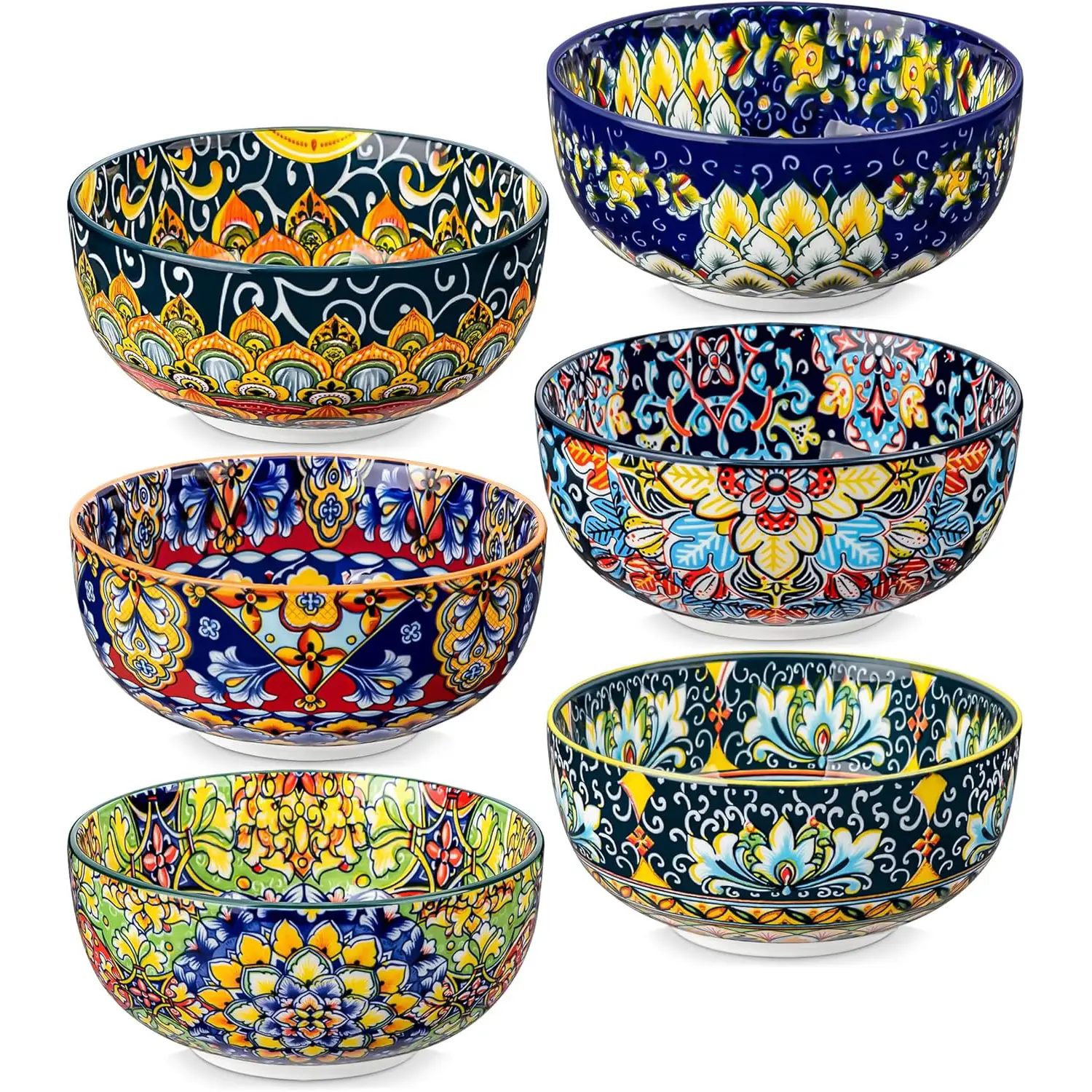 vancasso Cereal Bowls Set of 6, Bohemian Ceramic Soup Bowls, 28 oz Colorful Bowls Set for Kitchen, Dishwasher & Microwave Safe for Salad, Pasta, Rice,