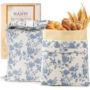 Reusable Beeswax Bread Bags for Sourdough & Homemade Bread,Waxed Bags Keeps Fresh(Navy Bloom)