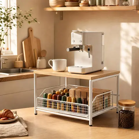 Home Desktop Storage Rack, Coffee Machine Shelf, Sideboard, Coffee Corner Storage Table, Pull-Out Mesh Basket for Coffee Capsules and Tea Bags, Kitchen Countertop Microwave Storage Rack