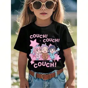 Cute Girls' Kpop-Inspired Anime Pattern Print T-Shirt - Soft Round Neck Casual Summer Tee For K-Pop Fans, Machine Washable Top, Everyday 's Clothing, Fun Pop Culture Shirt, Comfortable Knit Fabric, Young Kpop Fans Teens Tshirts, Boys and Girls Clothing