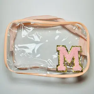 Women's and Girls Makeup Cosmetics Bag with Personalized Initial Letter Patch - Pink, White, Blue, Purple with Gold Accents, Ideal for Everyday Use