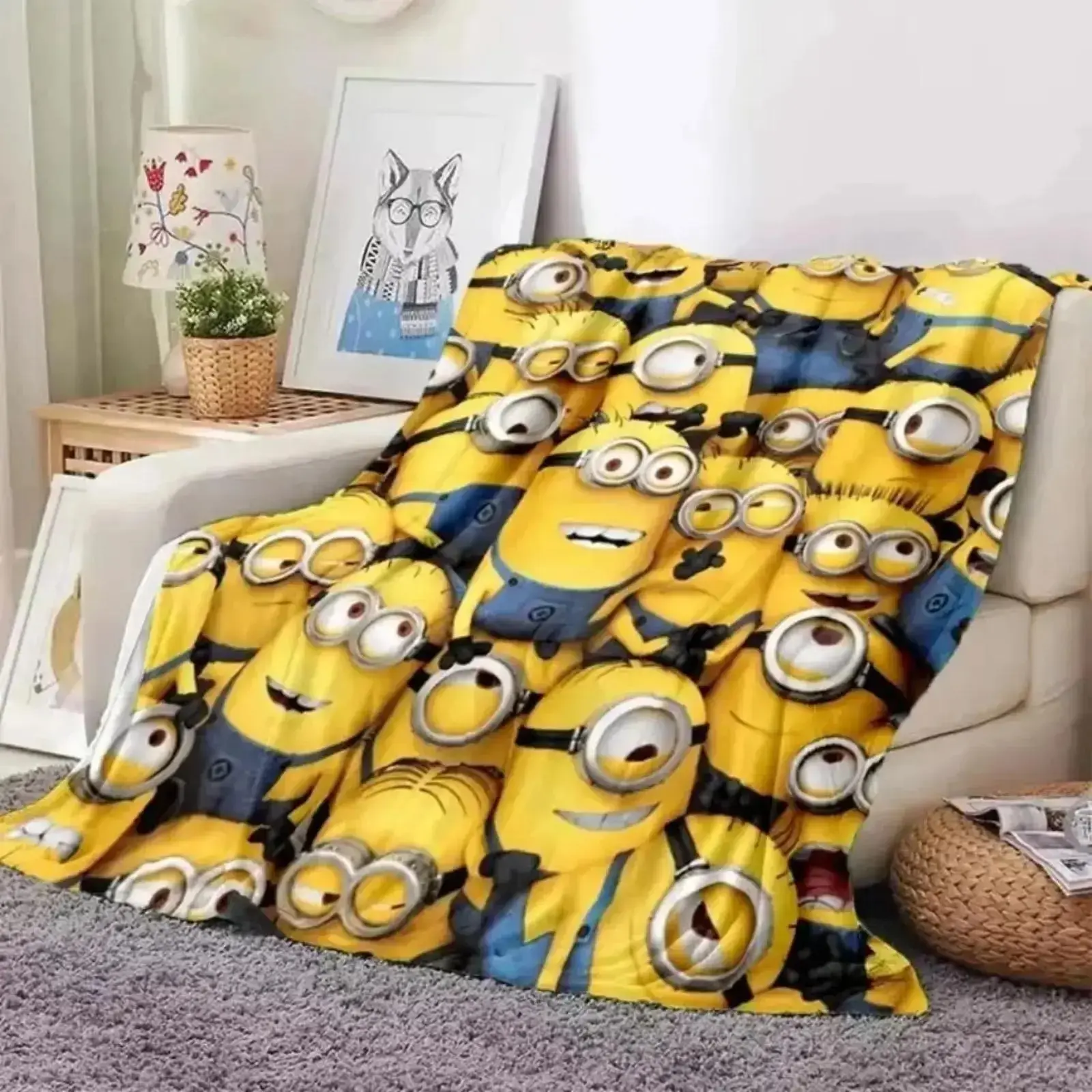 Classic Minions Printed Polyester Fiber Flannel Throw Blanket - Skin-Friendly Soft, Flat Weave, Lightweight AC Blanket, Living Room Decor, 6 Sizes for Kids/Adults, Viral Gift for Movie Nights/Holidays