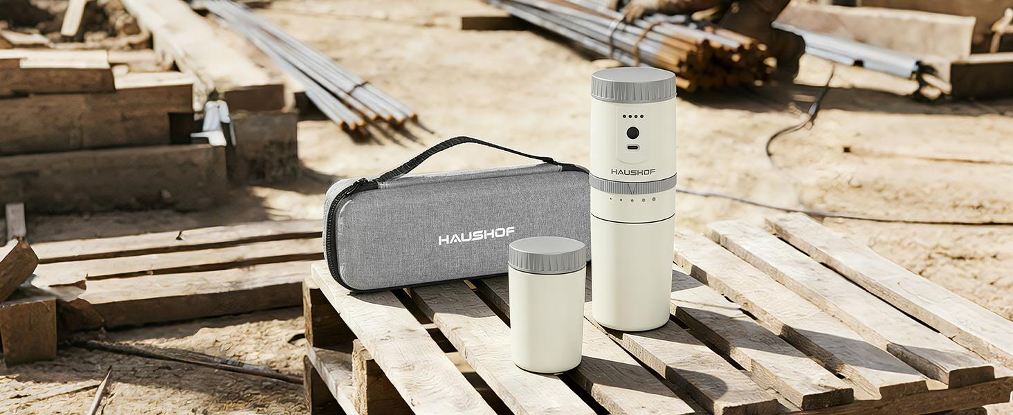 #backtoschool HAUSHOF Portable Coffee Grinder, Camping Coffee Makers, Portable Burr Coffee Grinder and Brewing Kit, Rechargeable, Personal Cordless Coffee Maker for Car, Camping, for Home Use