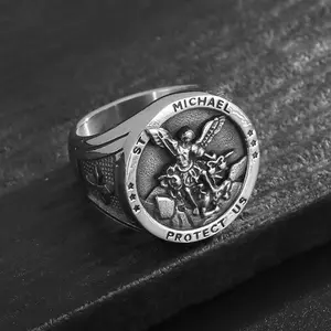 UURiel Men‘s Saint Michael Ring – Archangel Protection Ring, Stainless Steel Christian Jewelry Gift for Him