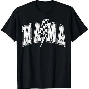 Cotton Short Sleeve  T-Shirt Mama Lightning Bolt Checkered Varsity Mom Mother's Day T-Shirt Baseball Black Graphic tees