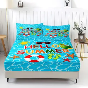 3Pcs Hello Summer Fitted Sheet Set (1*Fitted Sheet+2*Pillowcases, Coreless), Sea Cute Starfishes Ocean Print Mattress Cover, Coconut Sun Hawaii Coral Bedding Set Deep Pocket Sheet,Soft and Breathable