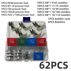 62pcs Sewing Machine Accessories Set, Includes 5 Presser Feet（P58N、NT-18、T36 、T36LN、TCR1/16）, 50 Needles（DBx1 9/65、11/75、14/90、16/100）， 6 Bobbins,1 Bobbin case， Storage Box, Suitable for Industrial and Home Machines