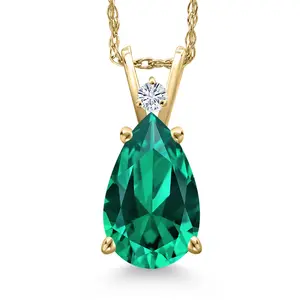 14K Yellow Gold Green Nano Emerald and White Moissanite Pendant Necklace for Women | 2.48 Cttw | Gemstone May Birthstone | Pear Shape 12X8MM | With 18 Inch Chain
