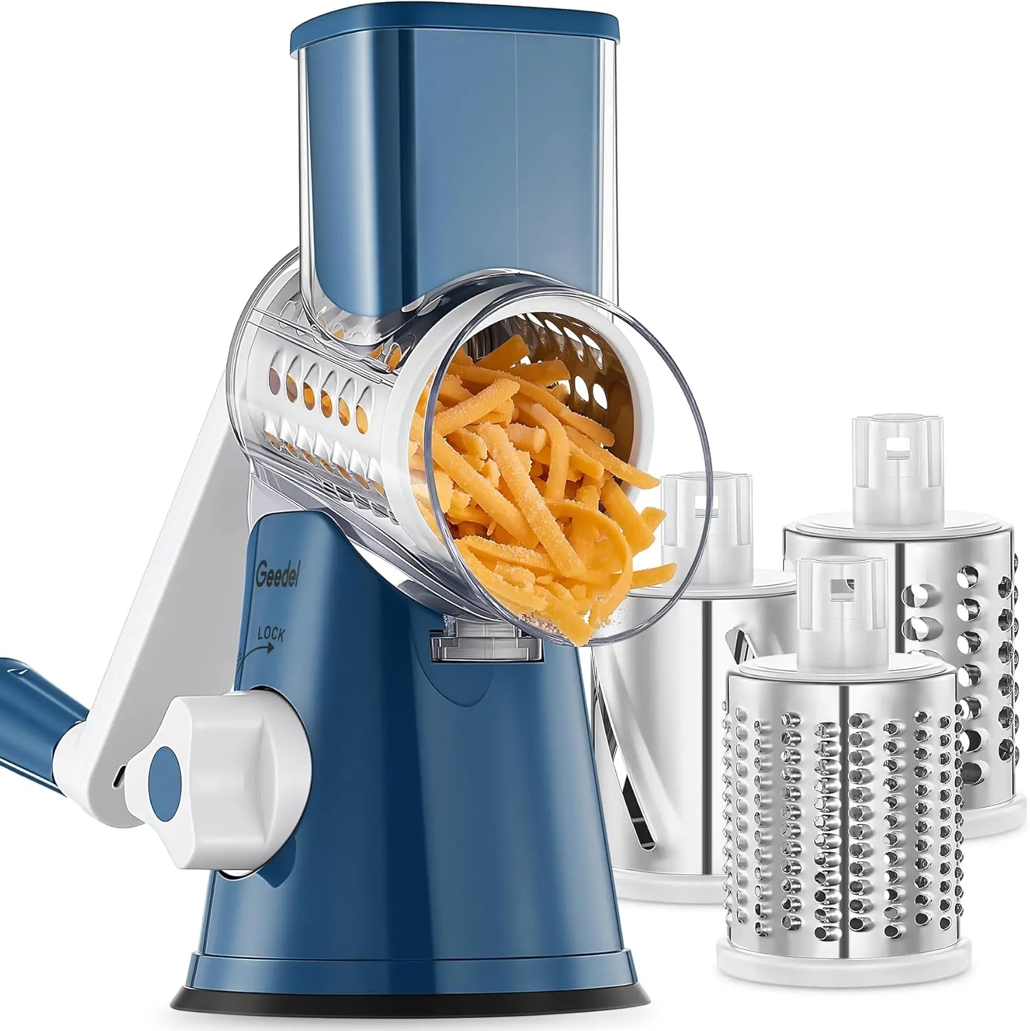 Geedel Rotary Cheese Grater, Kitchen Mandoline Vegetable Slicer with 3 Interchangeable Blades, Easy to Clean Rotary Grater Slicer for Cheese, Vegetables, Nuts