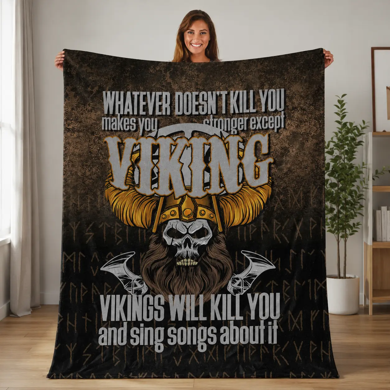 Viking Skull Blanket Norse Rune Flannel Throw Funny Quote Gift For Viking Lovers Men Man Cave