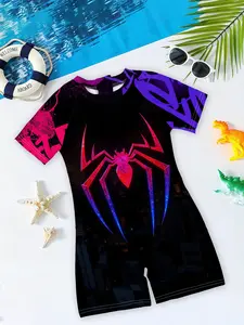 Boys' one-piece swimsuit, Urban swimwear, "Neon Spider Web Style" features urban night view style gradient spider prints + skin-friendly and quick-drying one-piece design, making you the center of attention during summer water activities