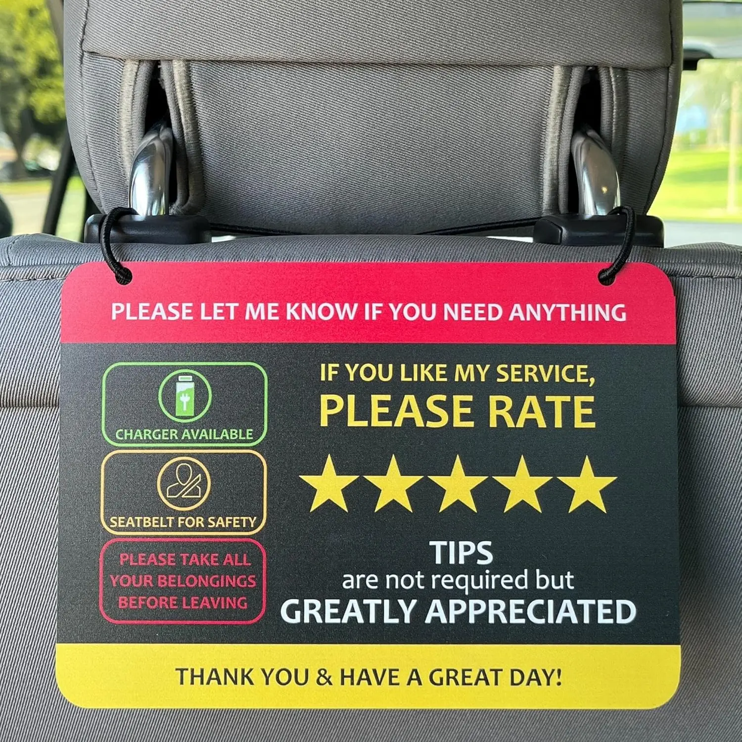 2-Pack Adjustable Headrest Signs, Car Interior Accessories for Lyft & Uber Rideshare Drivers - 7"x5" Acrylic Interior Sign with Rate Me Tip & No Smoking Reminders for 5-Star Rides