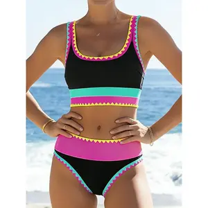 Beach ball kayak 3-piece bikini, anti roll high waisted swimsuit with adjustable wide shoulder straps, neon sports swimsuit color blockingRAIMENTRY