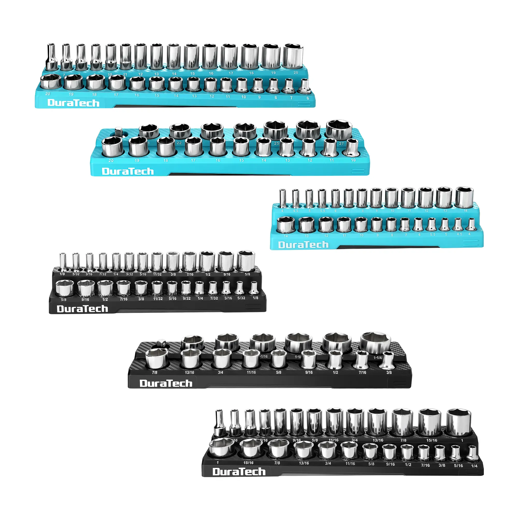 #fathersdaygift DURATECH Magnetic Socket Organizer Set, 1/2" 1/4" 3/8" Drive SAE&Metric Socket Holders Socket Trays for Tool Box and Tool Cart, Hold 143 Counts Standard&Deep Size Sockets (Sockets Not Included)