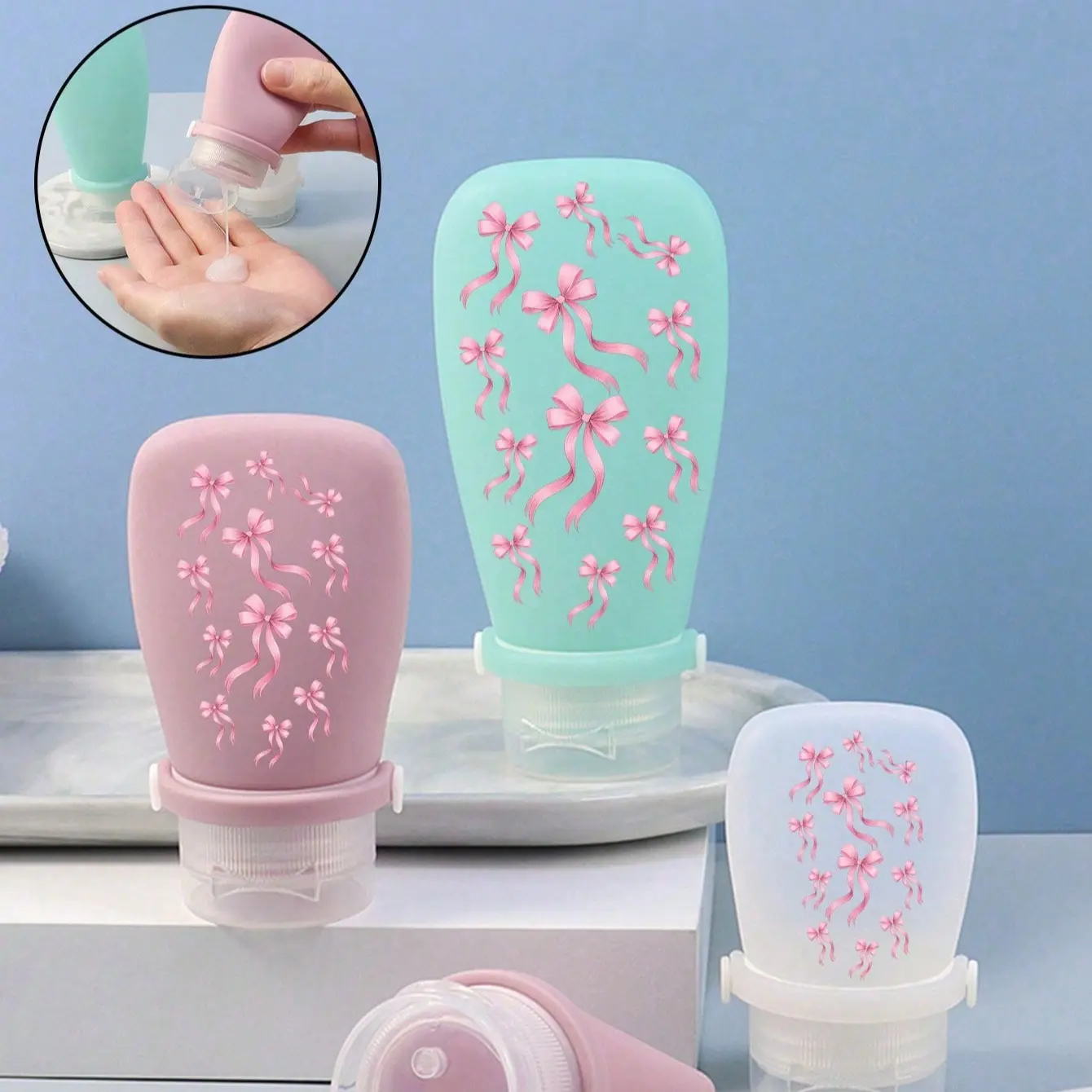 Silicone Travel Bottle Set, Bow Print, Reusable Liquid Bottles, Portable Leak-Proof Storage, Bath Empty Bottles, Dorm Essential