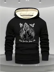 Men's Winter Fleece Lined Sweatshirt, Knit, Casual Cartoon Pattern, Moderate Fabric Thickness, Fitted Style, Trendy & Versatile