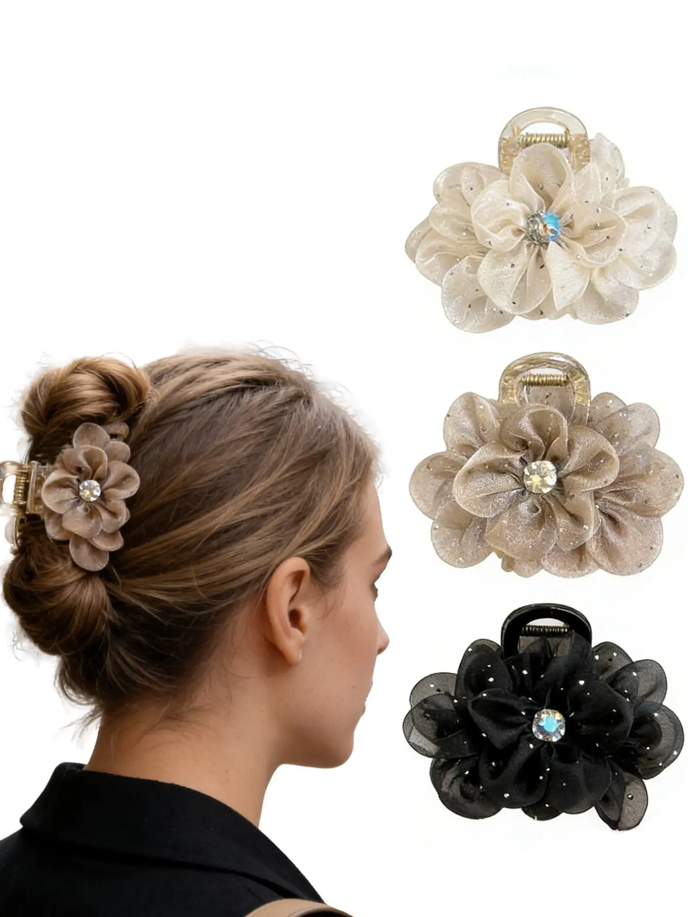 Elegant Floral Decorative Hair Clips Set, Hair Claws, Flower Hair Clip, Floral Design, Sparkling Rhinestone Net Fabric, Spring Summer Women's Fashion Hair Accessories, Hair Style Accessory, Perfect for Outdoors Parties Dates