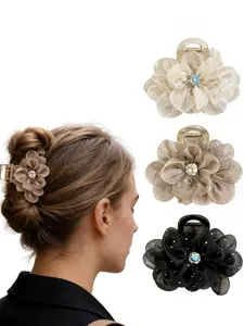 Elegant Floral Hair Clips Set, Hair Claws, Flower Hair Clip, Floral Design, Sparkling Rhinestone Net Fabric, Spring Summer Women's Accessories, Perfect for Outdoors Parties Dates