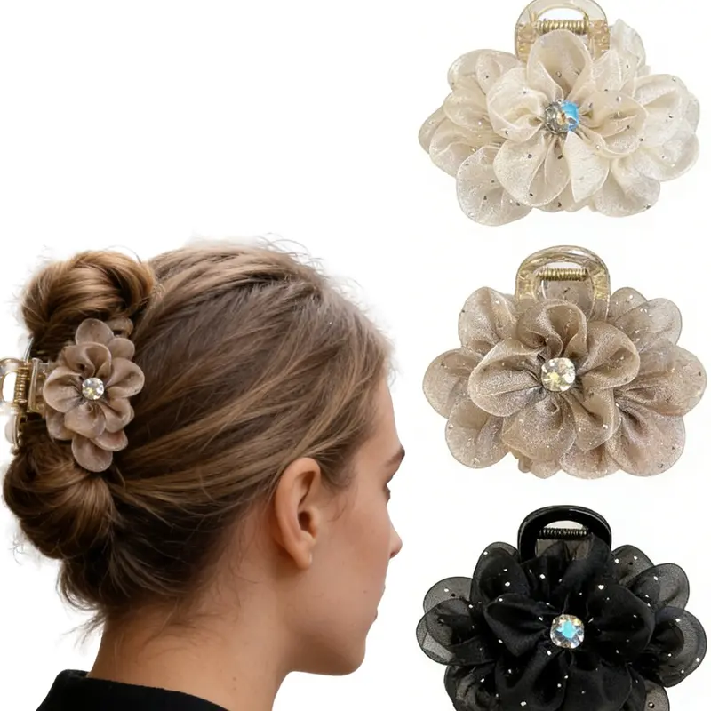 Elegant Floral Decorative Hair Clips Set, Hair Claws, Flower Hair Clip, Floral Design, Sparkling Rhinestone Net Fabric, Spring Summer Women's Fashion Hair Accessories, Hair Style Accessory, Perfect for Outdoors Parties Dates