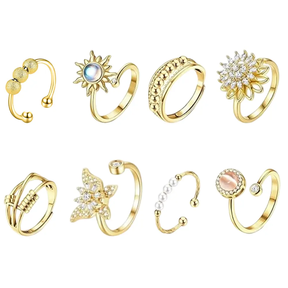 Women’s 8-Piece Metal Alloy Anxiety Rings Kit - Rotating, Stackable Fidget Rings for Anxiety Relief, Daily Wear & Gifting