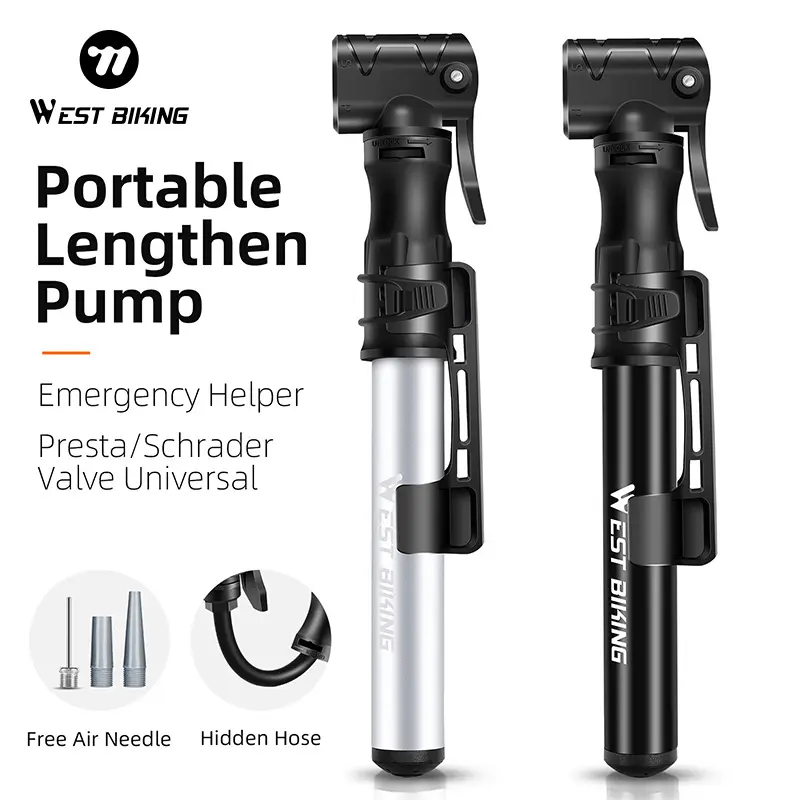 WEST BIKING Mini Portable High Pressure Pump 100PSI Aluminum Alloy Lightweight Flexibke Hose  Outdoor Mini Bicycle Portable Pump Compact