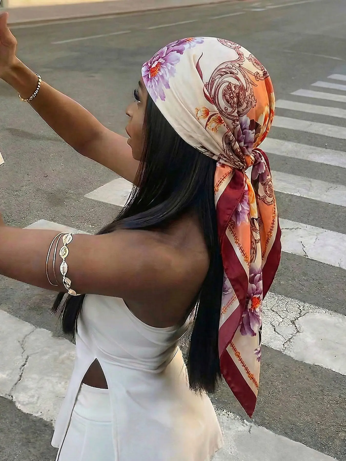 French Retro Floral Print Bandana, Luxury Satin Scarf, Versatile Headscarf & Neck Scarf, Aesthetic Travel Accessory Hijab