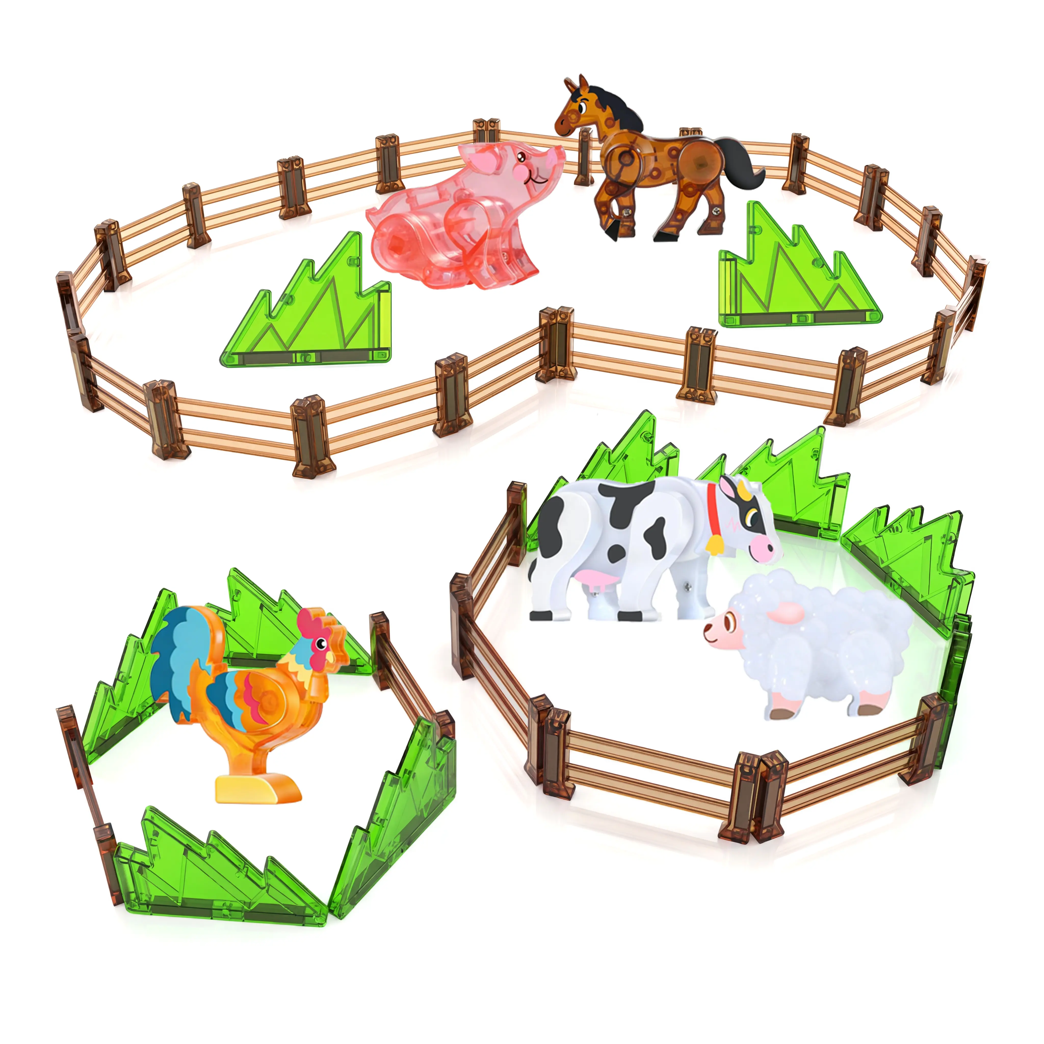 5-in-1 Farm Animal Magnetic Chip Toy Set+16 Fence Magnetic Chip&4-piece Magnetic Chip Grass Set Combination, Magnetic Splicing Set Combination, Compatible with Other Magnetic Chips, Puzzle STEM Toys, Universal Toy for Boys and Girls Aged 3-8