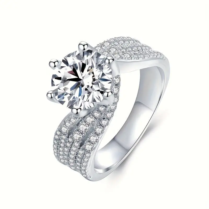 Women Twisted Band Round Cut Simulated Gemstone Ring, Paved Cubic Zirconia Fashion Promise Wedding Band, S925 Plated Silver Engagement Jewelry