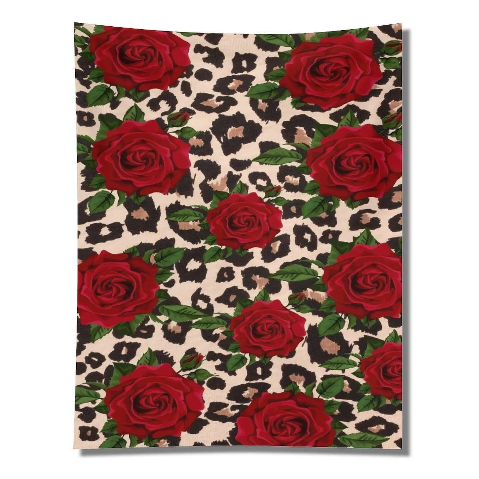 Red Rose Leopard Print Seamless Floral Animal Pattern Wall Tapestry Wall Hanging, Y2K Girly Western Aesthetic Teen Bedroom Decor Backdrop