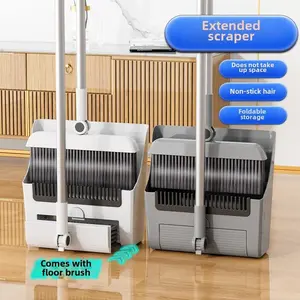 3-in-1 High-Efficiency Ergonomic Long Handle Floor Cleaning Kit Durable Broom Dustpan & Brush Set for Home Office School Dorms with Extended Scraper Non-Stick Hair Foldable Storage