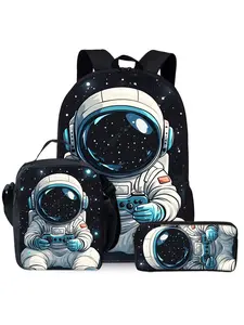 Astronaut Game Print Backpack 3-Piece Set, Lunch Bag, Pencil Case, Backpack