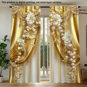 2 pieces, 2D flat printed gold floral printed curtains, pole pocket style, semi sunshade polyester fiber, Interior decoration accessories, suitable for home living room, bedroom, balcony, kitchen decoration, anti privacy, easy to clean.