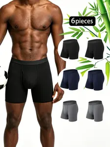 Men's Solid Color Bamboo Fiber Boxer Briefs - 6-Pack, 6 Colours, Soft Breathable Elastic Activewear Underwear, All-Season Casual Athletic Daily Wear for Youth