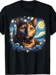 Men's & Women's Retro Tortoise Cat T-Shirt - Starry Night Kitty Art Short Sleeve Tee, 100% 220G, Tortoiseshell Tortie Design, Casual Round Neck Top for all-Season Wear
