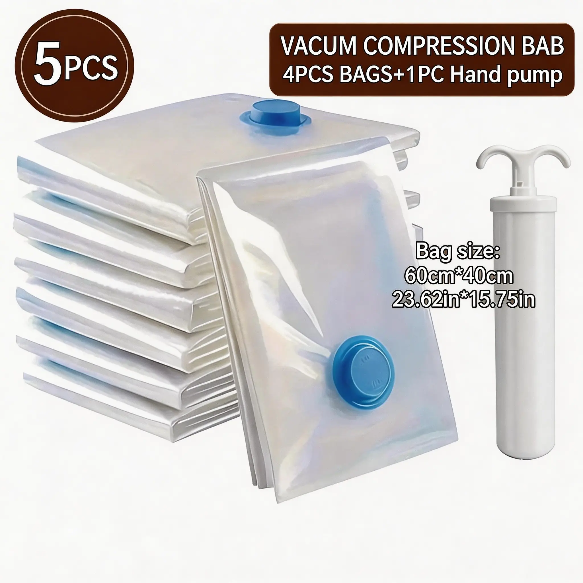 5-Piece Extra Large Vacuum Storage Bag Set (40x60cm with Manual Pump), Space Saving, Sealed Compression, Compression Bags for Storage, Sealing Storage Bags, Dustproof Moisture Proof, Space Saver Bags