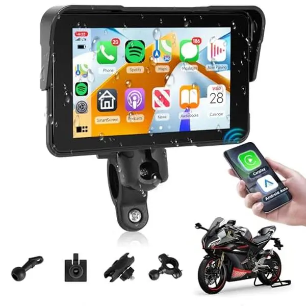 5 Inch Motorcycle CarPlay Screen, Waterproof IP68 Wireless CarPlay & Android Auto Touchscreen GPS Display, with Mirror Link, Bluetooth, Manual Brightness, Type-C & SD Slot