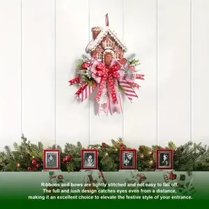 Christmas Wreath, Gingerbread House Shape with Ribbon & Snowflake-Pine Branches, Indoor/outdoor Decor, Easy Installation