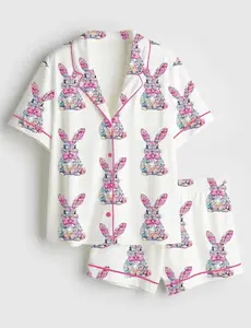 Women’s Sparkly Dazzle Bunny Coquette Spring Easter Short Sleeve Satin Pajama Set