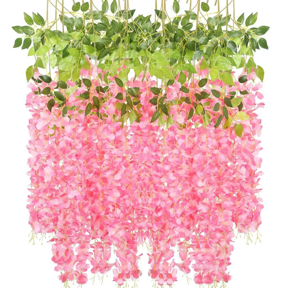 6-Count 3.6ft Bushy Artificial Wisteria Vine Garland Set, Silk Hanging Flower Strings for Wedding, Garden Decor, Plastic Fruit Ornaments