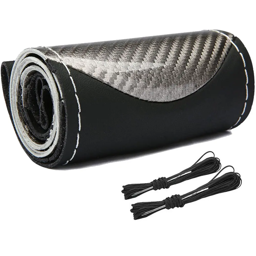 Leather DIY Car Steering Wheel Cover Anti-slip For 15"/38 cm Steering Wheel Black With Needles and Thread