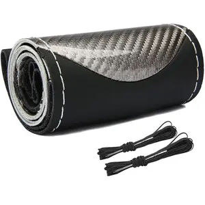 Leather DIY Car Steering Wheel Cover Anti-slip For 15"/38 cm Steering Wheel Black With Needles and Thread