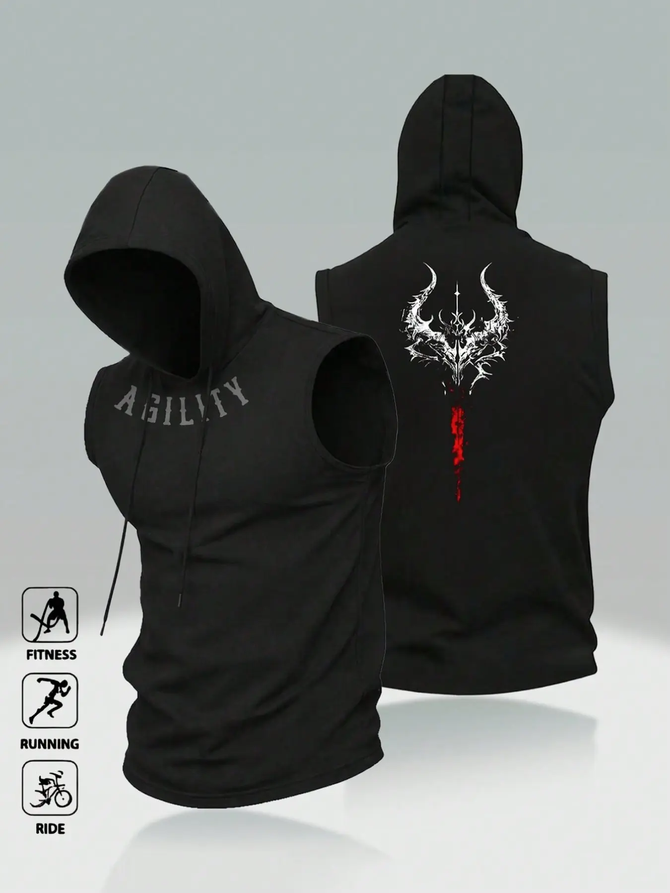 Men's Sleeveless Hooded Sweatshirt, Demon Horn Bloodstain Graphic, Slim Fit Athletic Tank Top, Sleeveless Gym Tops, Ideal for Gym, Running, Cycling