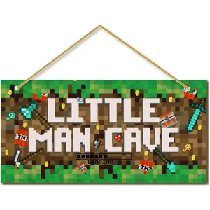 Little Man Cave, Boys Pixel Gaming Room Decor Wooden Door Sign for Gamer Room, Baby Boys Bedroom Wall Decorations for Nursery Toddler Nursery Playroom Wall Art