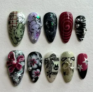 Gothic Black Cat Press On Nails | Flower Zebra Stripe Stiletto Nails | Edgy Dark Aesthetic Gift