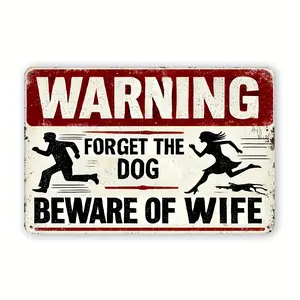 Retro Metal 'Beware of the Wife' Aluminum Wall Decor Sign - 1pc 2D Flat Plaque, Running Silhouette, Dog Warning, Rustic Red & Black Humor for Home, Man Cave | 20x30cm(8x12in), Aluminum 20X30cm(8X12in)